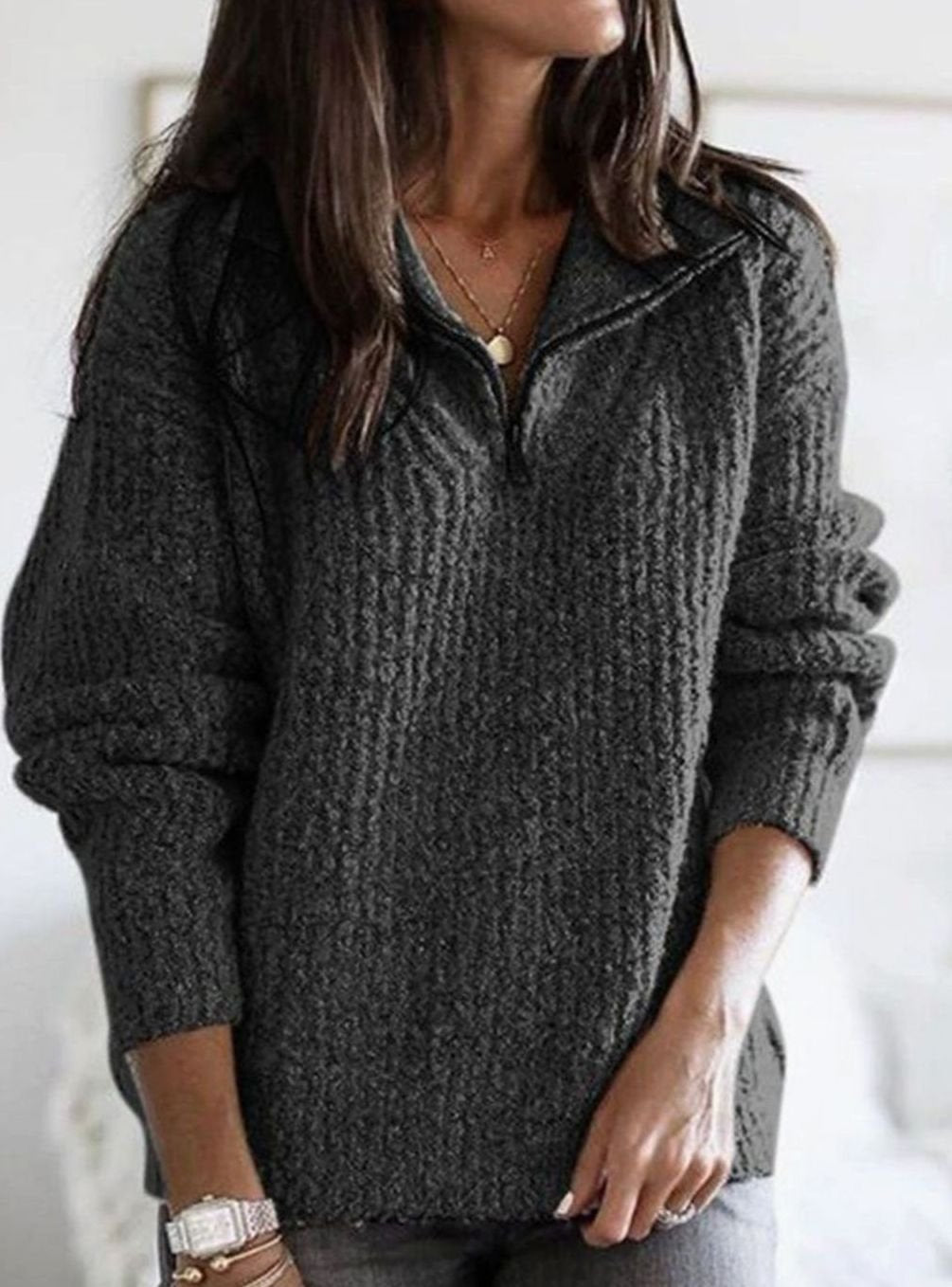 Women's Cable-Knit V-Neck Quarter-Zip Ribbed Sweater