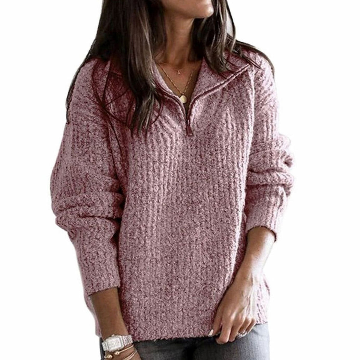Women's Cable-Knit V-Neck Quarter-Zip Ribbed Sweater