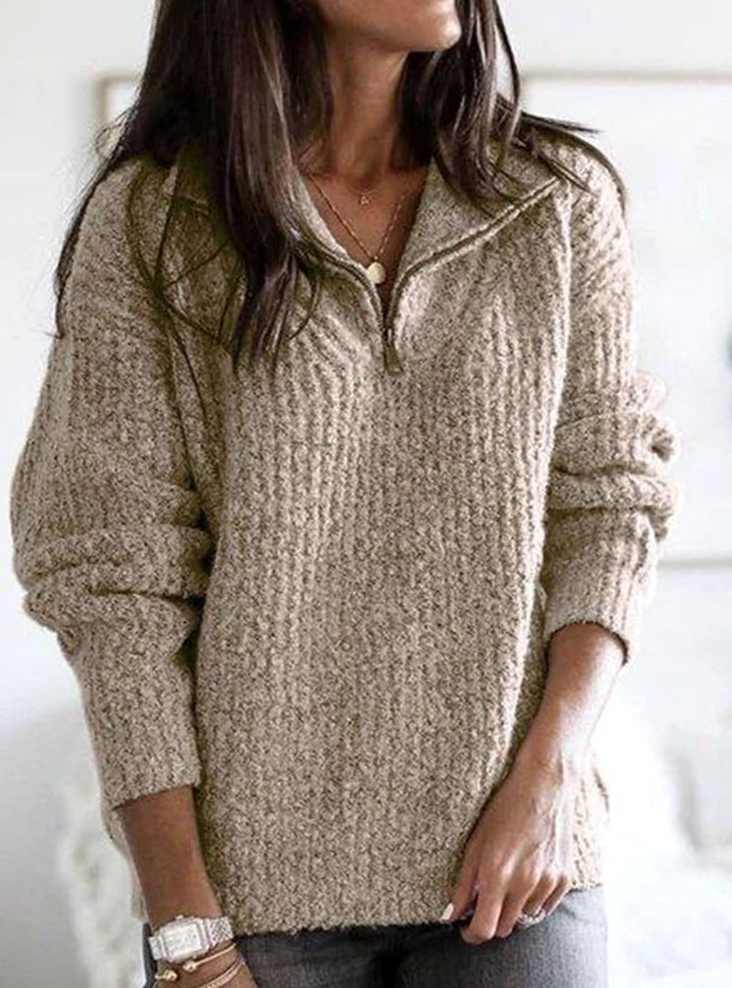 Women's Cable-Knit V-Neck Quarter-Zip Ribbed Sweater