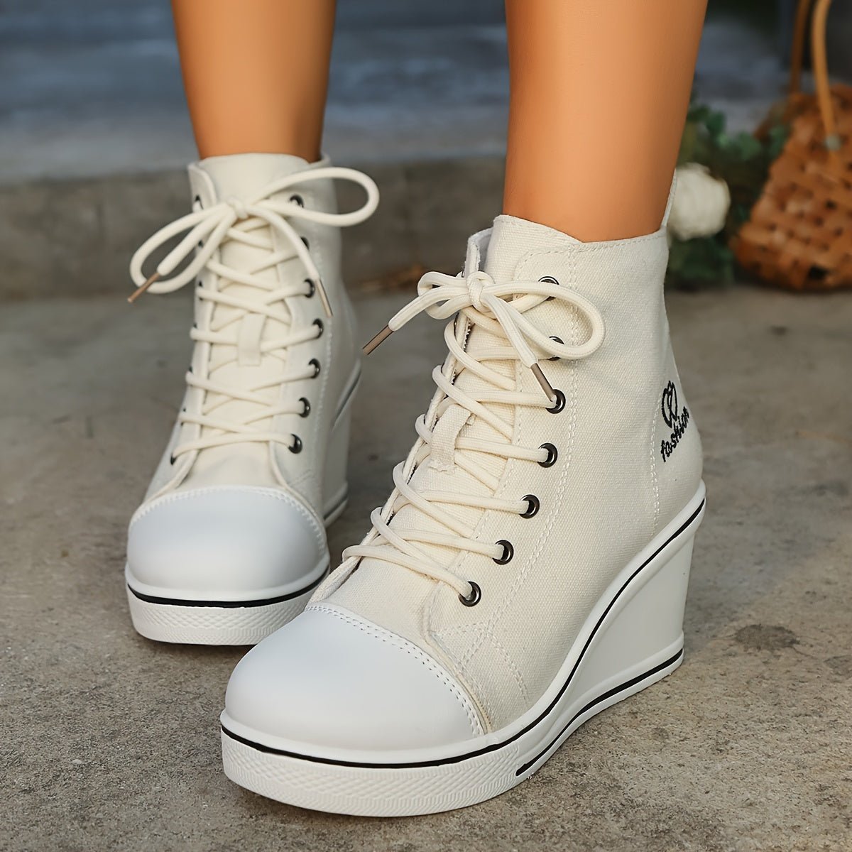 Women's Canvas Lace-Up Wedge Ankle Boots High-Top Sneaker