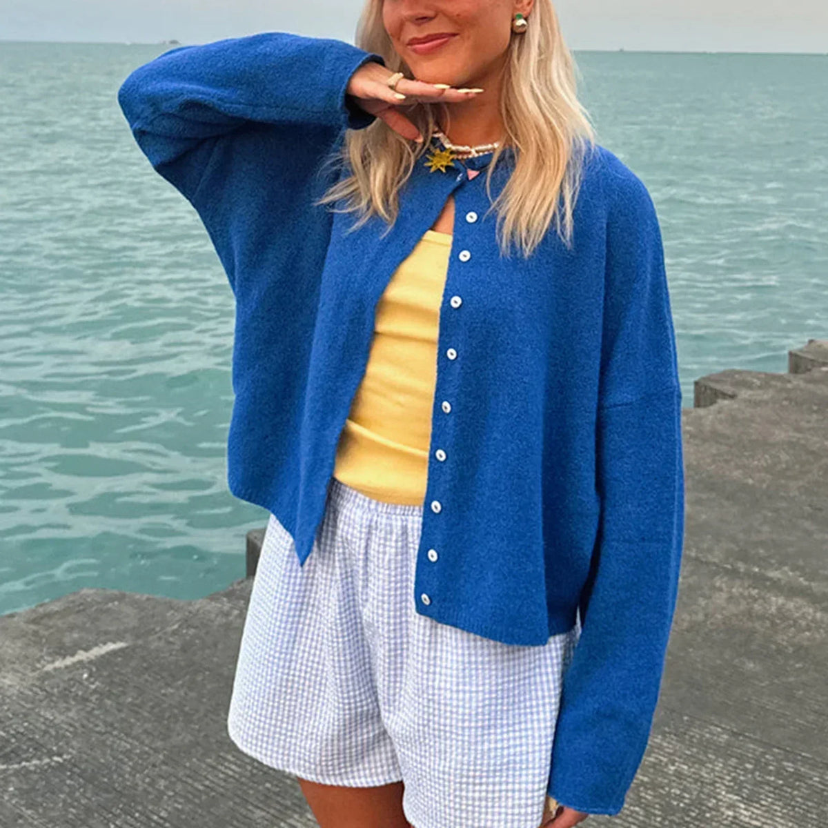 Sadie | Women's Button Front Knit Cardigan Oversized Crew Neck
