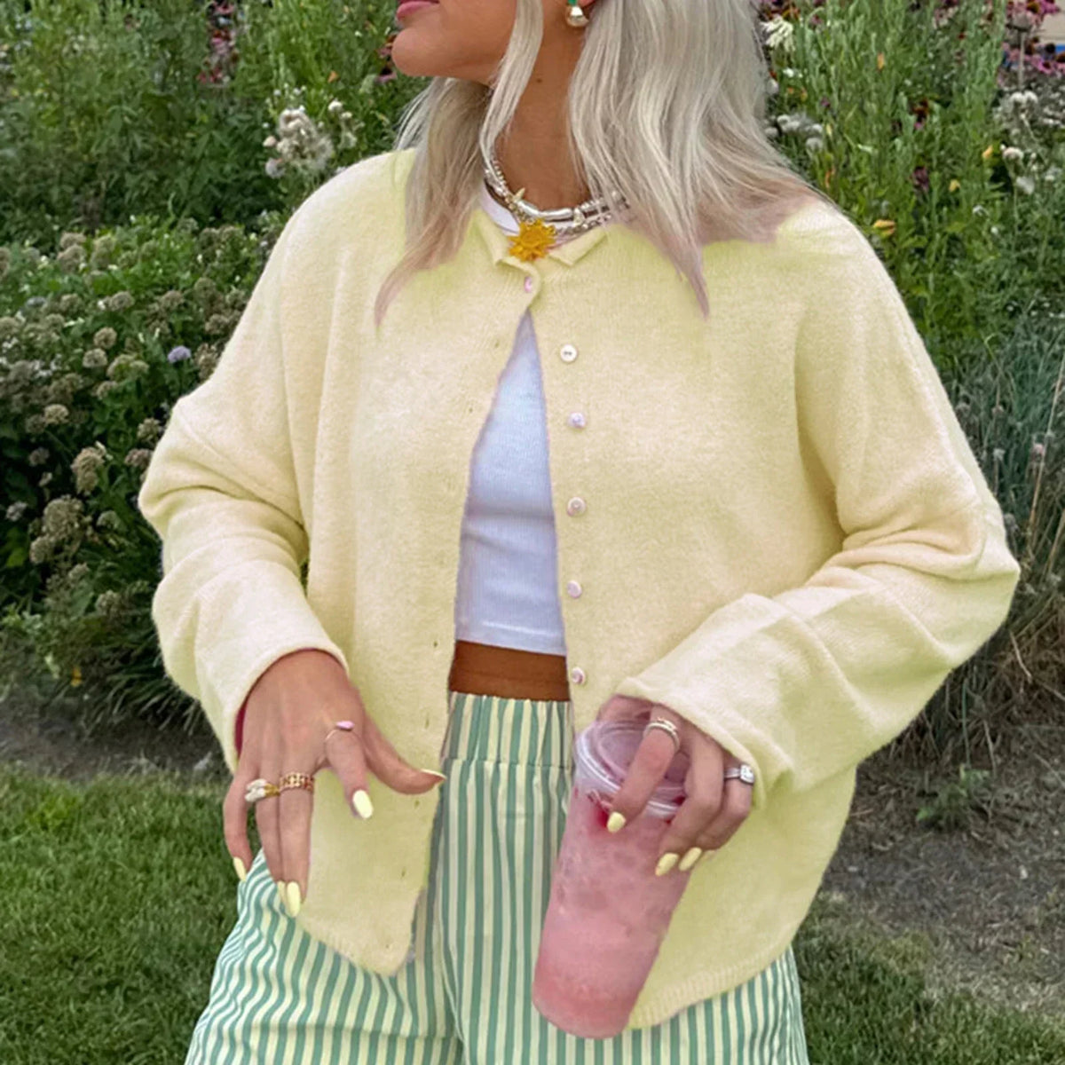 Sadie | Women's Button Front Knit Cardigan Oversized Crew Neck