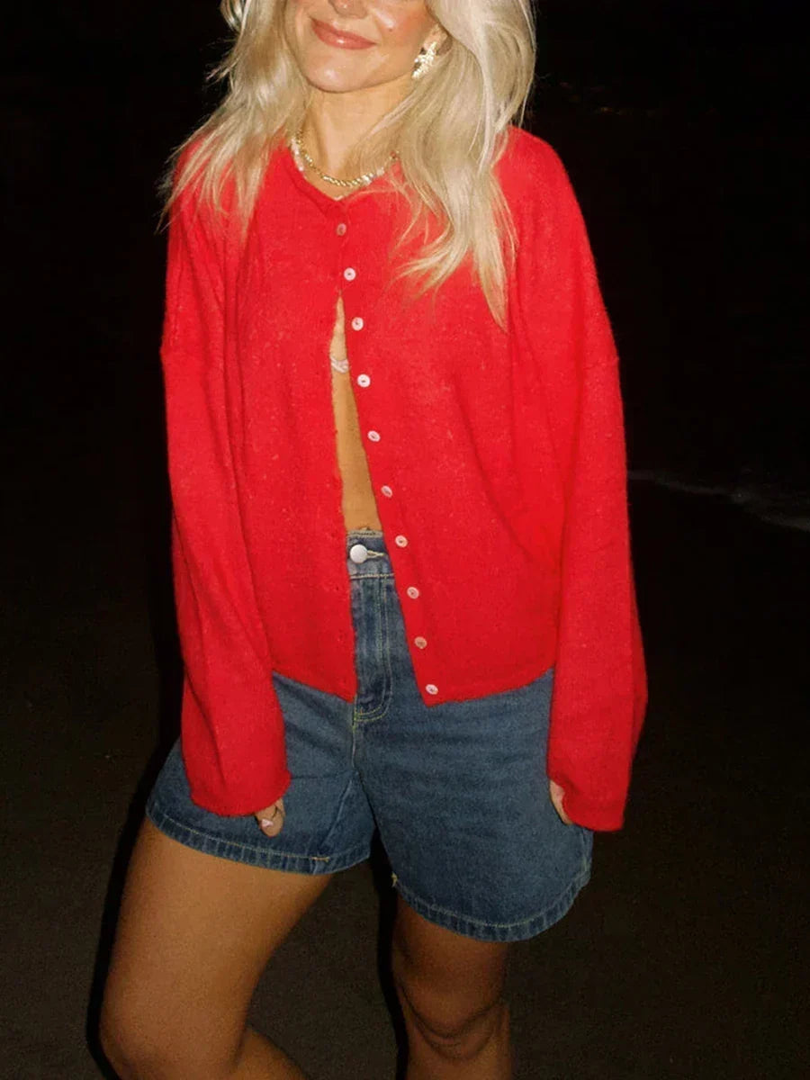 Sadie | Women's Button Front Knit Cardigan Oversized Crew Neck