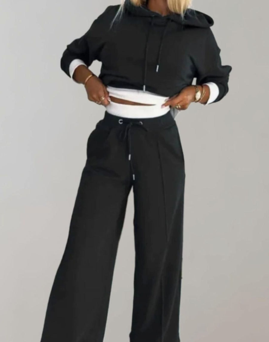 Women's Casual Cropped Hoodie Wide-Leg Tracksuit Set