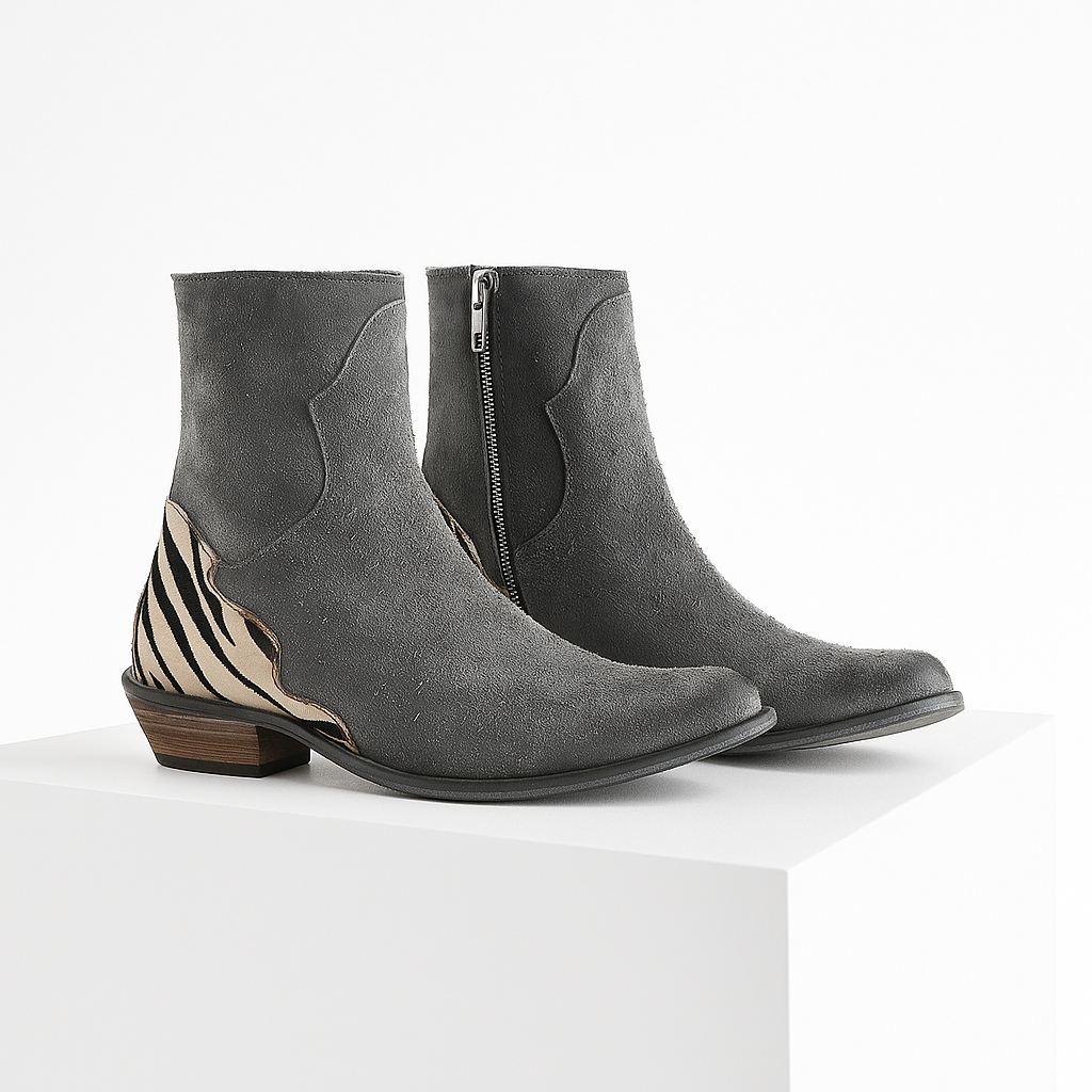 Women's Ankle Boots with Zebra Print Back Panel | Side Zip, Almond Toe, Low Cuban Heel | Sizes 3-8.5, 4 Colors