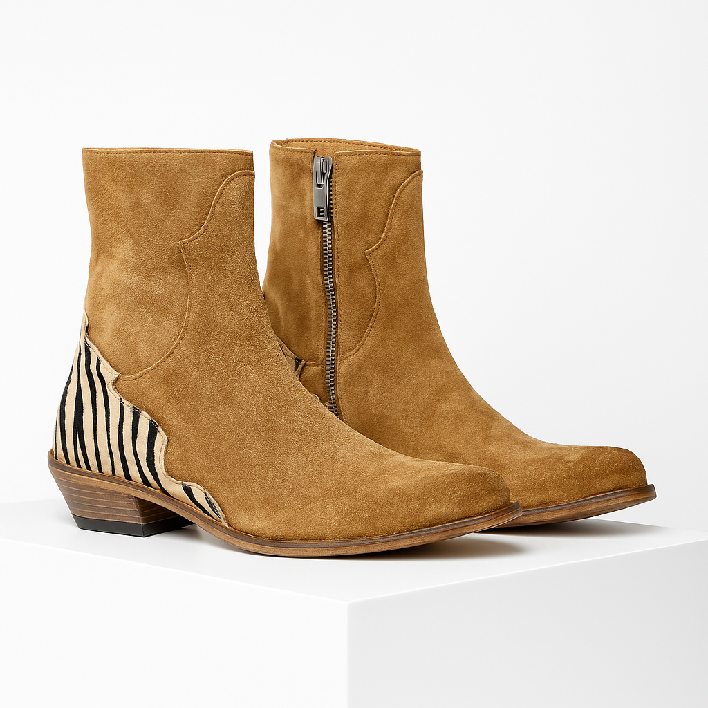 Women's Ankle Boots with Zebra Print Back Panel | Side Zip, Almond Toe, Low Cuban Heel | Sizes 3-8.5, 4 Colors