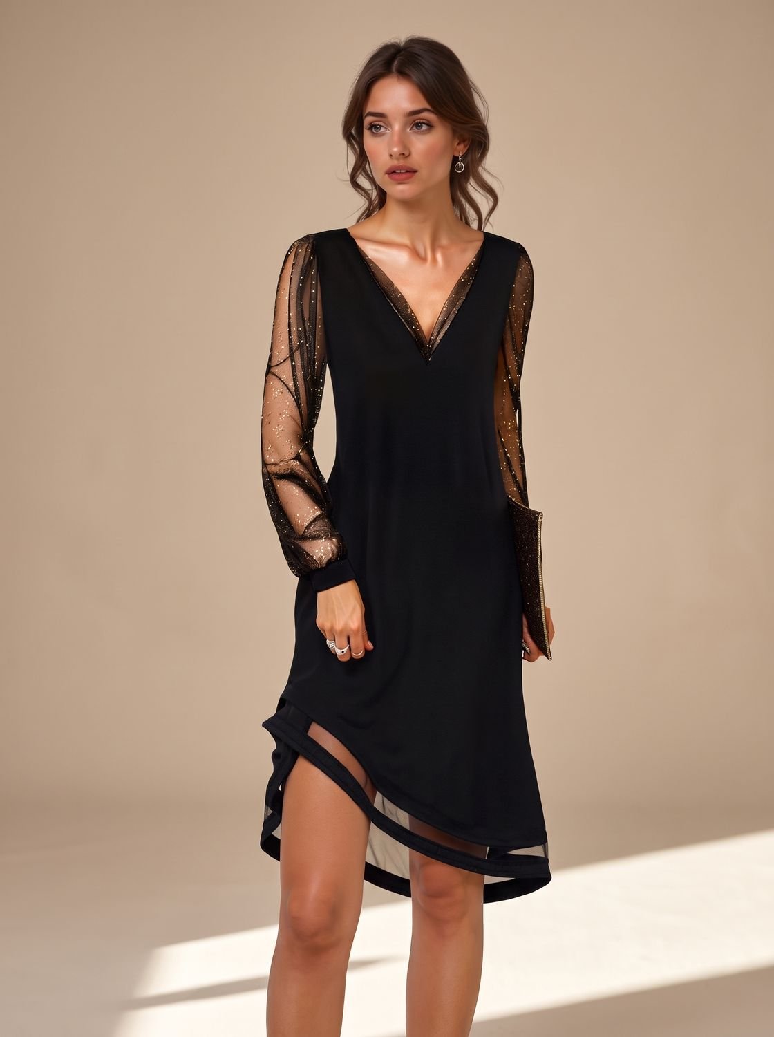 Camila | Women's Christmas Party Black Mini Dress Sheer Sequin Long Sleeves