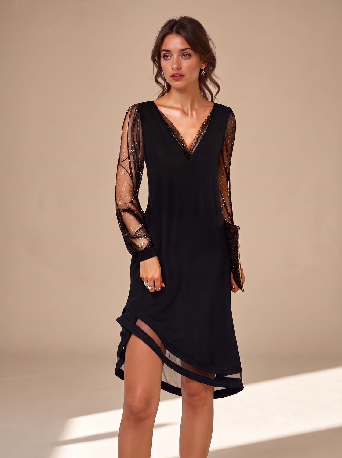 Camila | Women's Christmas Party Black Mini Dress Sheer Sequin Long Sleeves