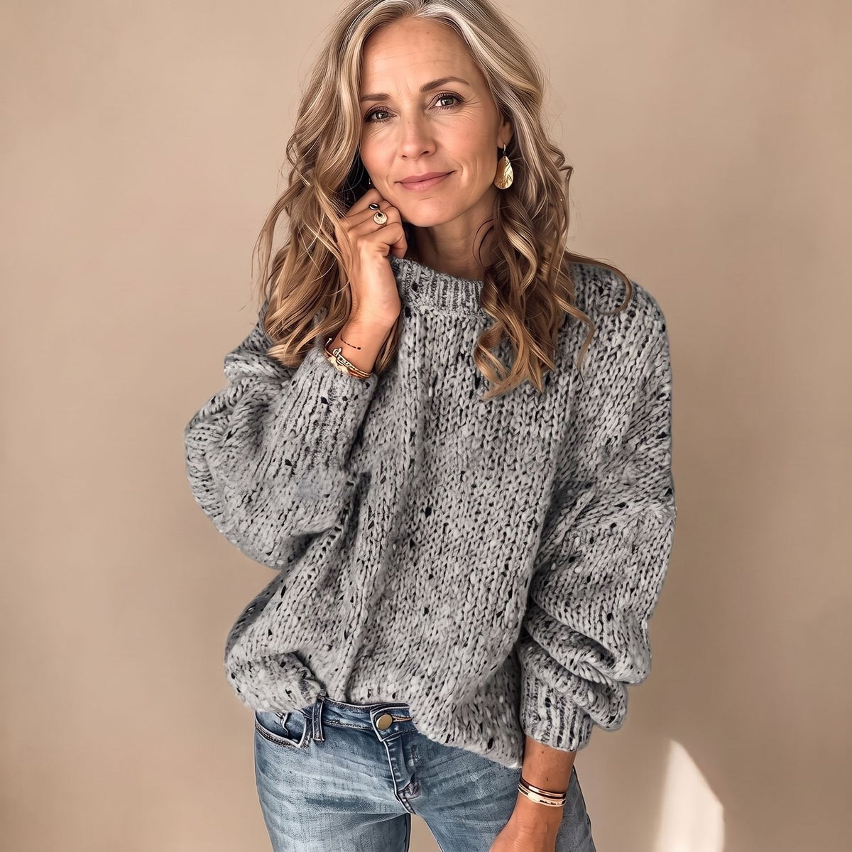 Olivia | Women's Chunky Knit Speckled Crewneck Pullover Sweater