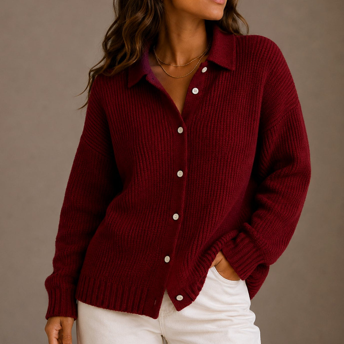 Penelope | Women's Collared Button-Up Ribbed Knit Cardigan Relaxed Fit