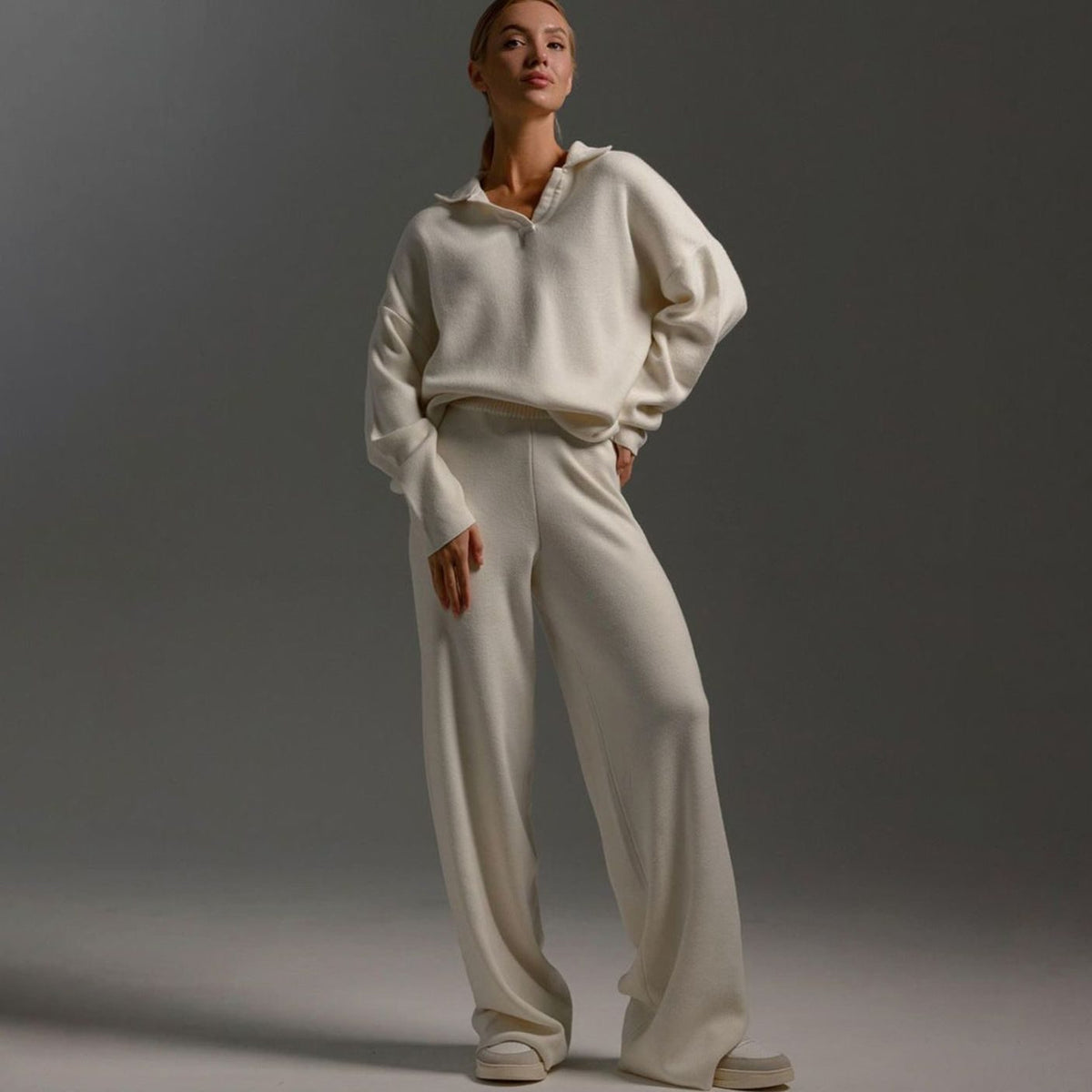 Women's Collared Wide-Leg Relaxed Fit Two-Piece Lounge Set