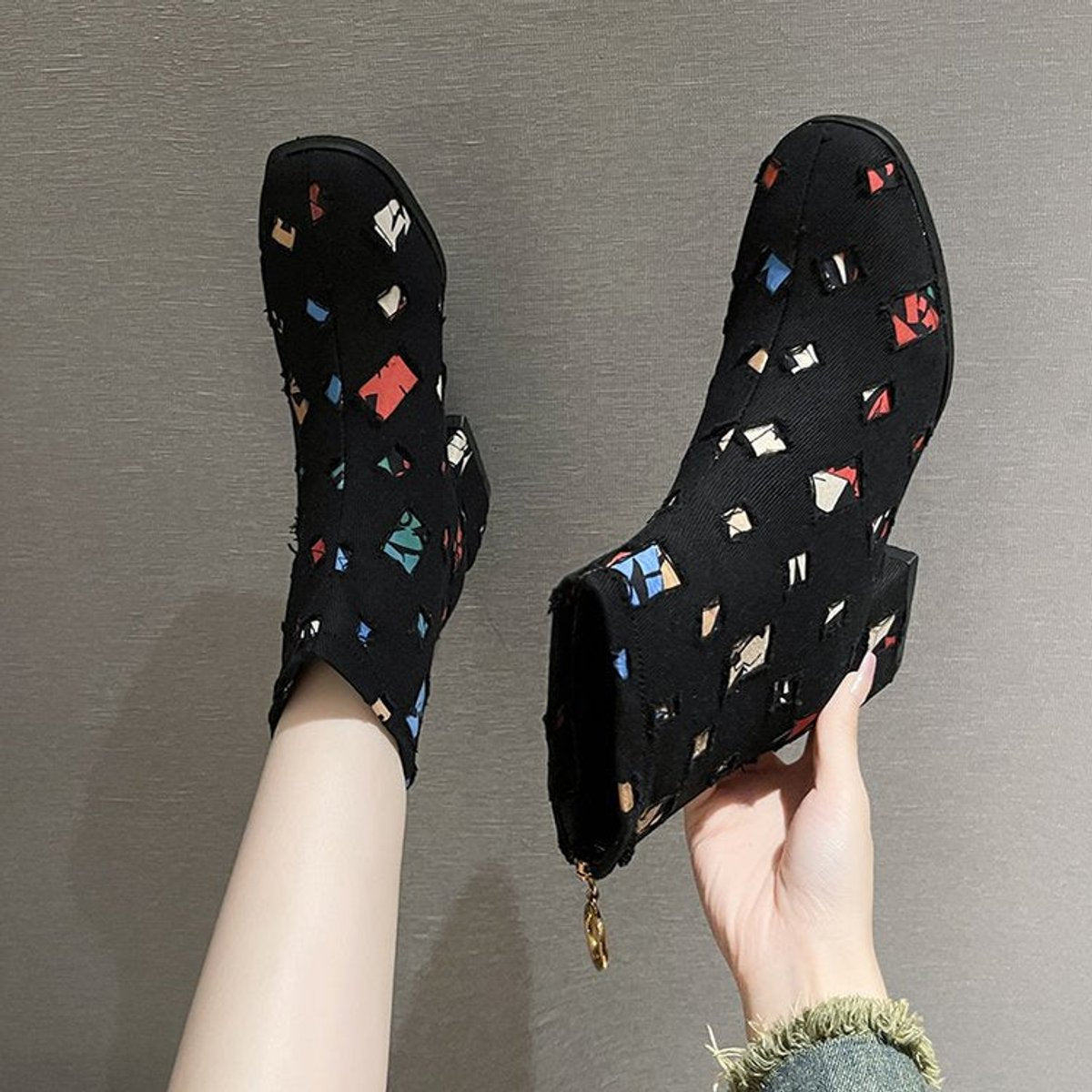 Women's Colorful Patchwork Distressed Denim Side-Zip Ankle Boots