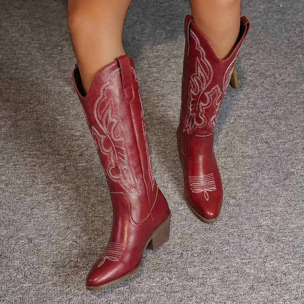 Women's Cowgirl Boots with Scrollwork Embroidery | Stacked Block Heel, Pointed Toe | Sizes 4-8.5, 4 Colors
