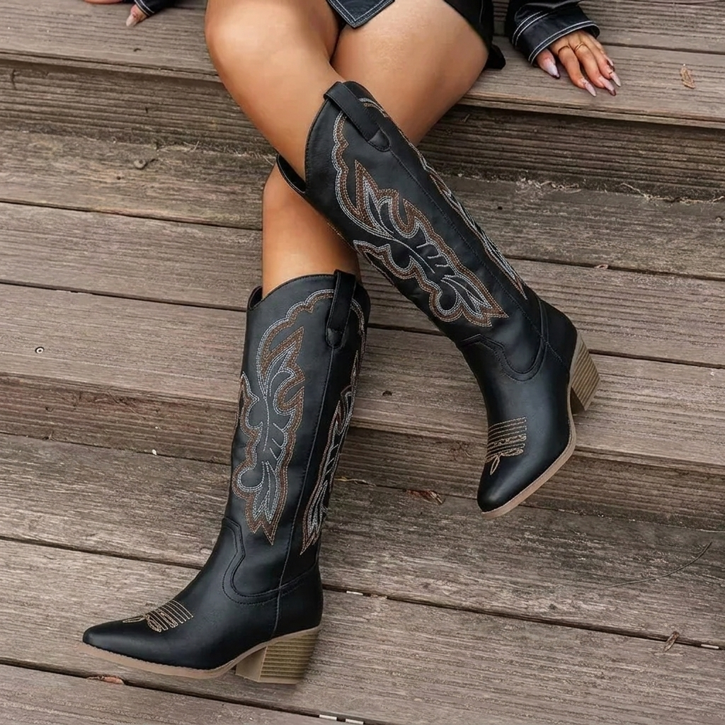 Women's Cowgirl Boots with Scrollwork Embroidery | Stacked Block Heel, Pointed Toe | Sizes 4-8.5, 4 Colors