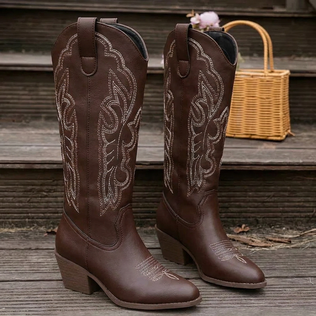 Women's Cowgirl Boots with Scrollwork Embroidery | Stacked Block Heel, Pointed Toe | Sizes 4-8.5, 4 Colors