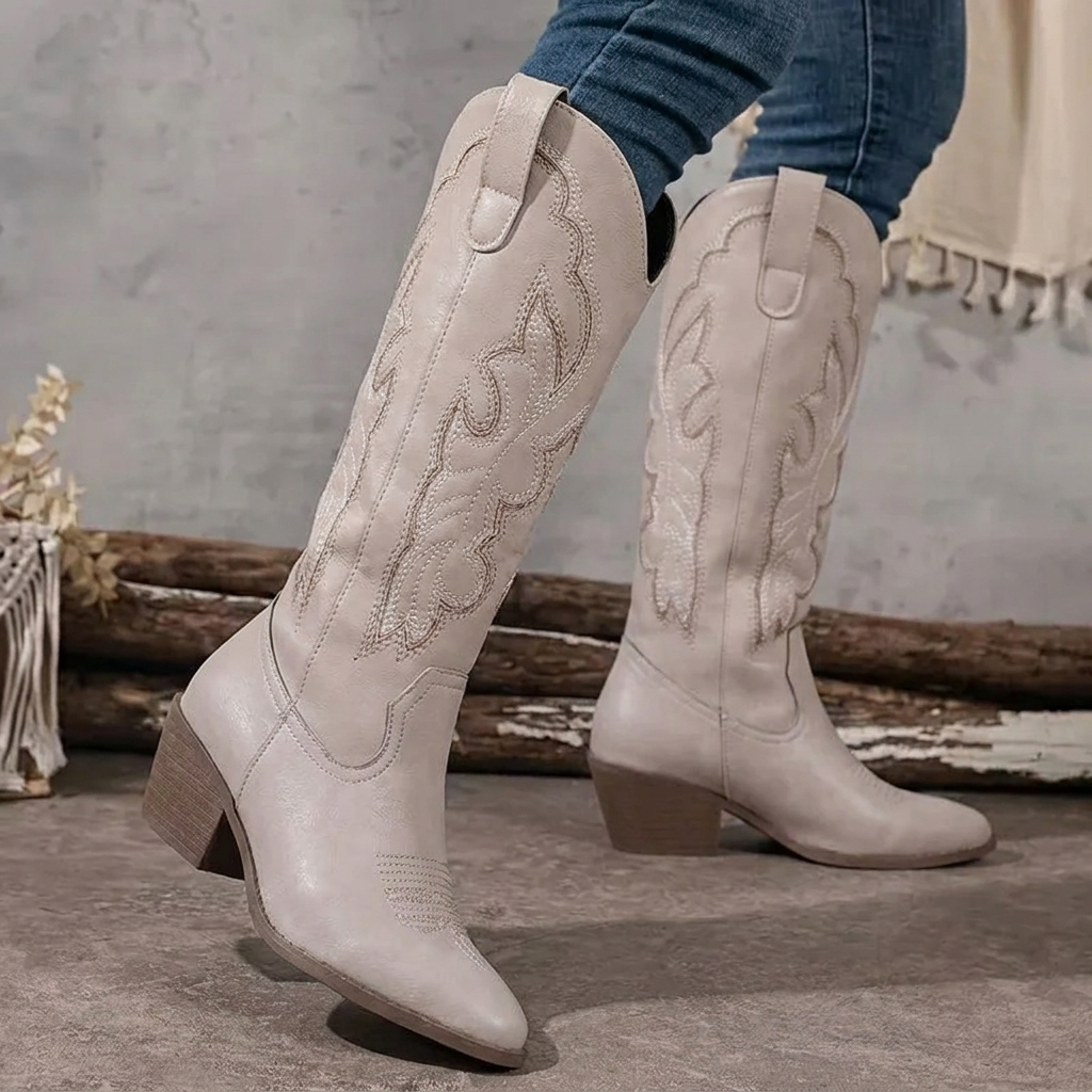 Women's Cowgirl Boots with Scrollwork Embroidery | Stacked Block Heel, Pointed Toe | Sizes 4-8.5, 4 Colors