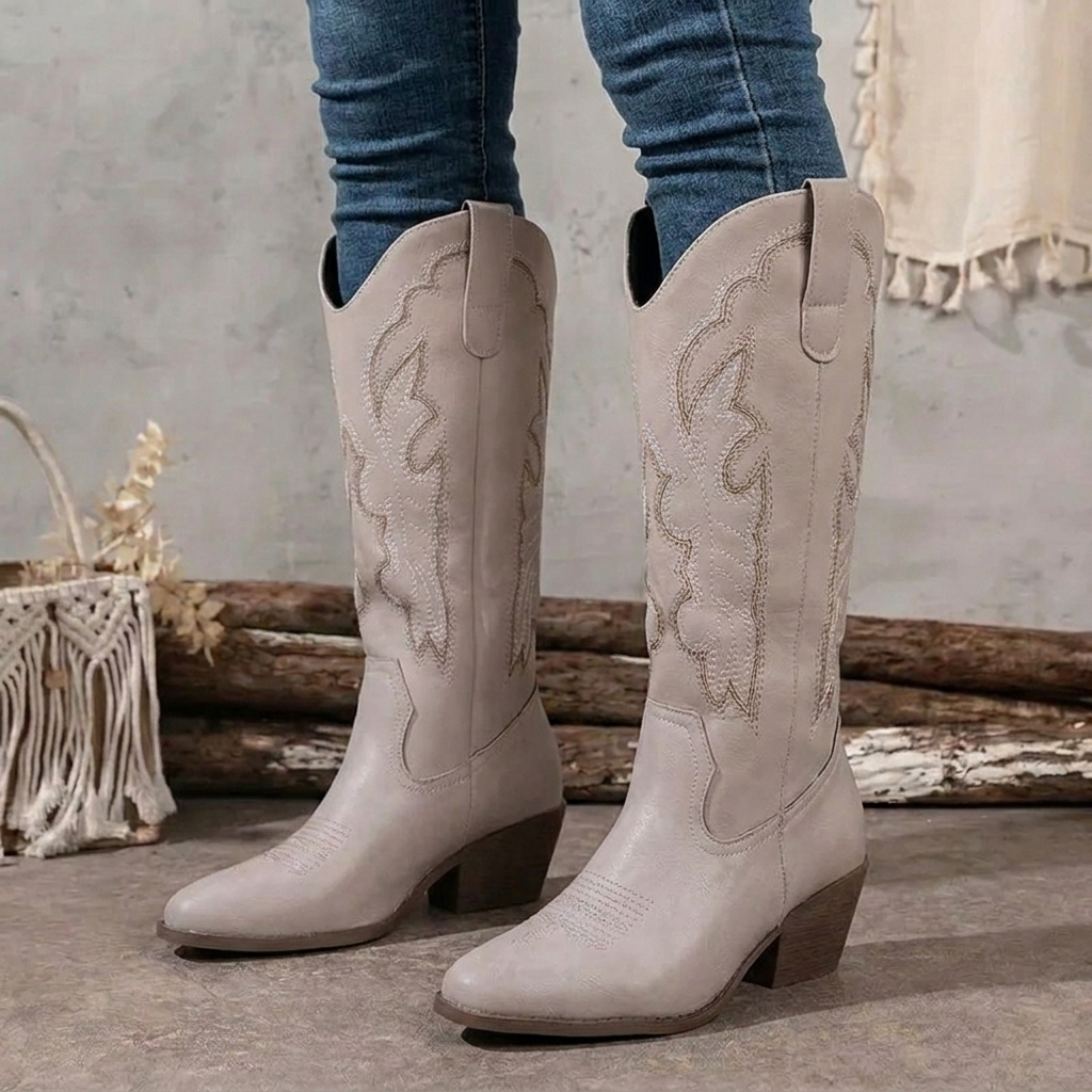 Women's Cowgirl Boots with Scrollwork Embroidery | Stacked Block Heel, Pointed Toe | Sizes 4-8.5, 4 Colors