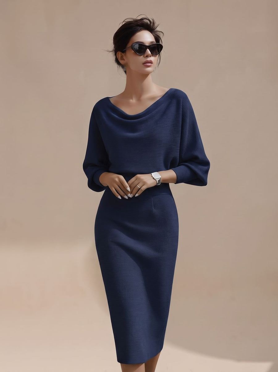 Women's Midi Knit Dress with Draped Cowl Neck
