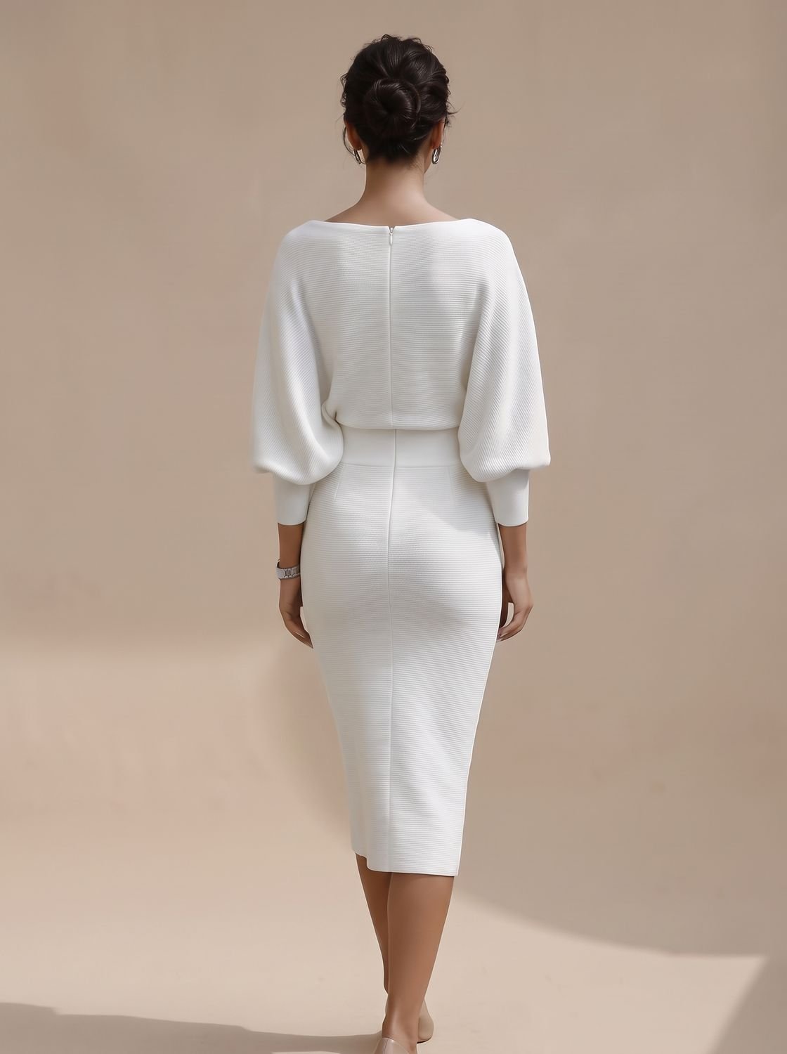 Women's Midi Knit Dress with Draped Cowl Neck | Batwing Sleeves, Fitted Pencil Skirt | Sizes S-3XL, 3 Colors