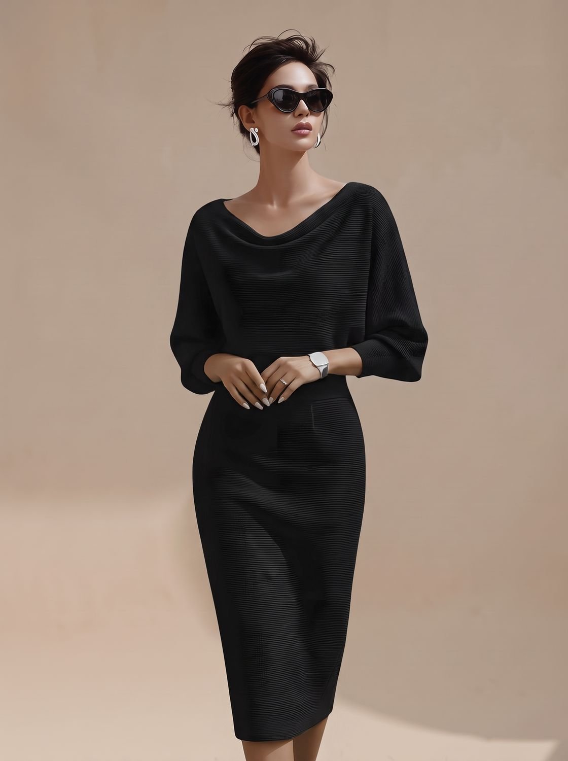Women's Midi Knit Dress with Draped Cowl Neck | Batwing Sleeves, Fitted Pencil Skirt | Sizes S-3XL, 3 Colors