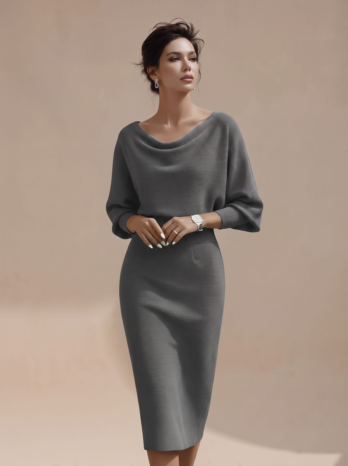 Women's Midi Knit Dress with Draped Cowl Neck | Batwing Sleeves, Fitted Pencil Skirt | Sizes S-3XL, 3 Colors