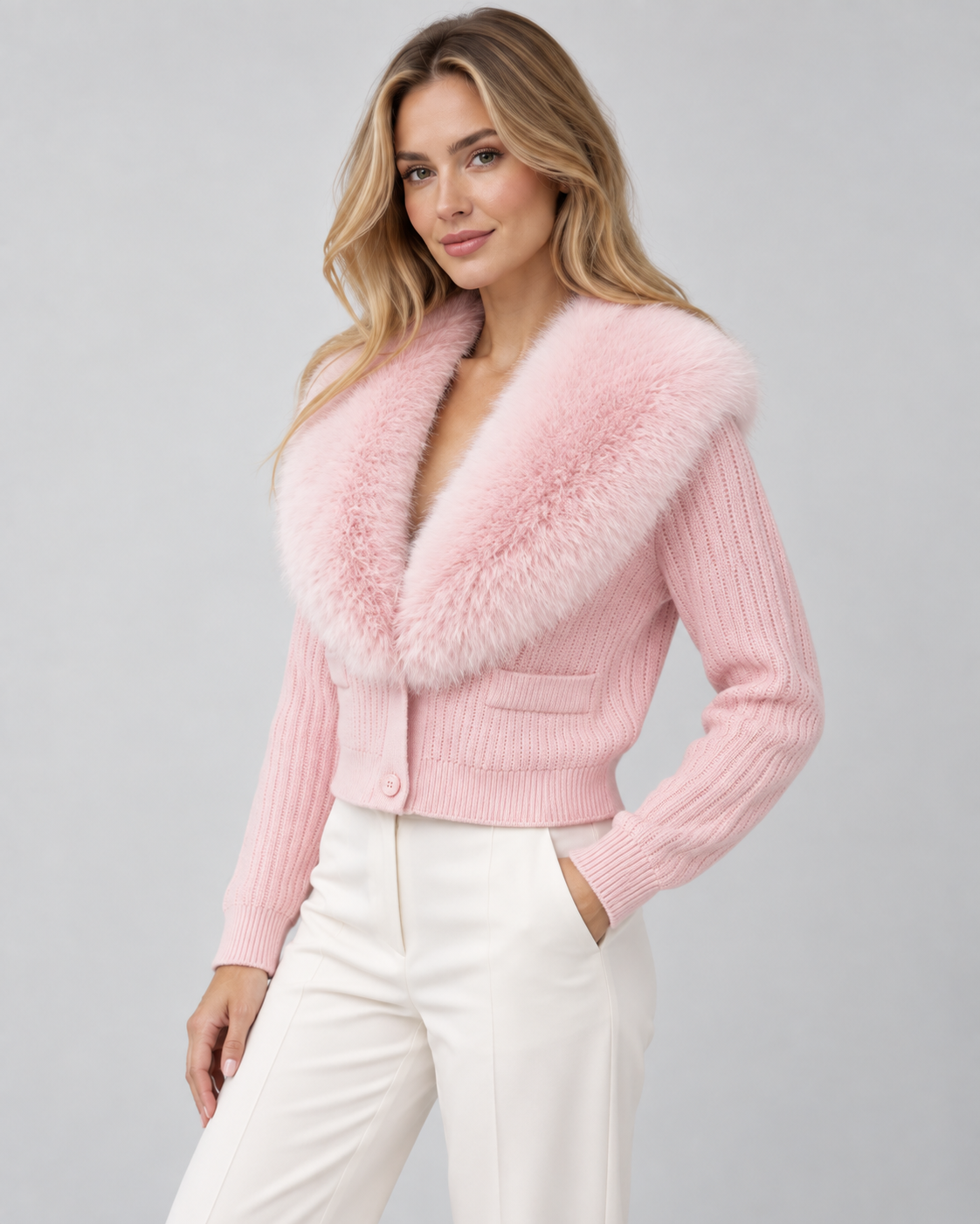 Women's Cropped Cardigan - Fur-Look Shawl Collar