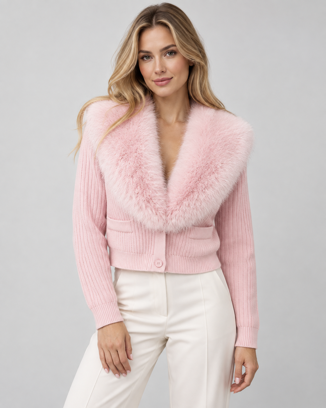Women's Cropped Cardigan - Fur-Look Shawl Collar