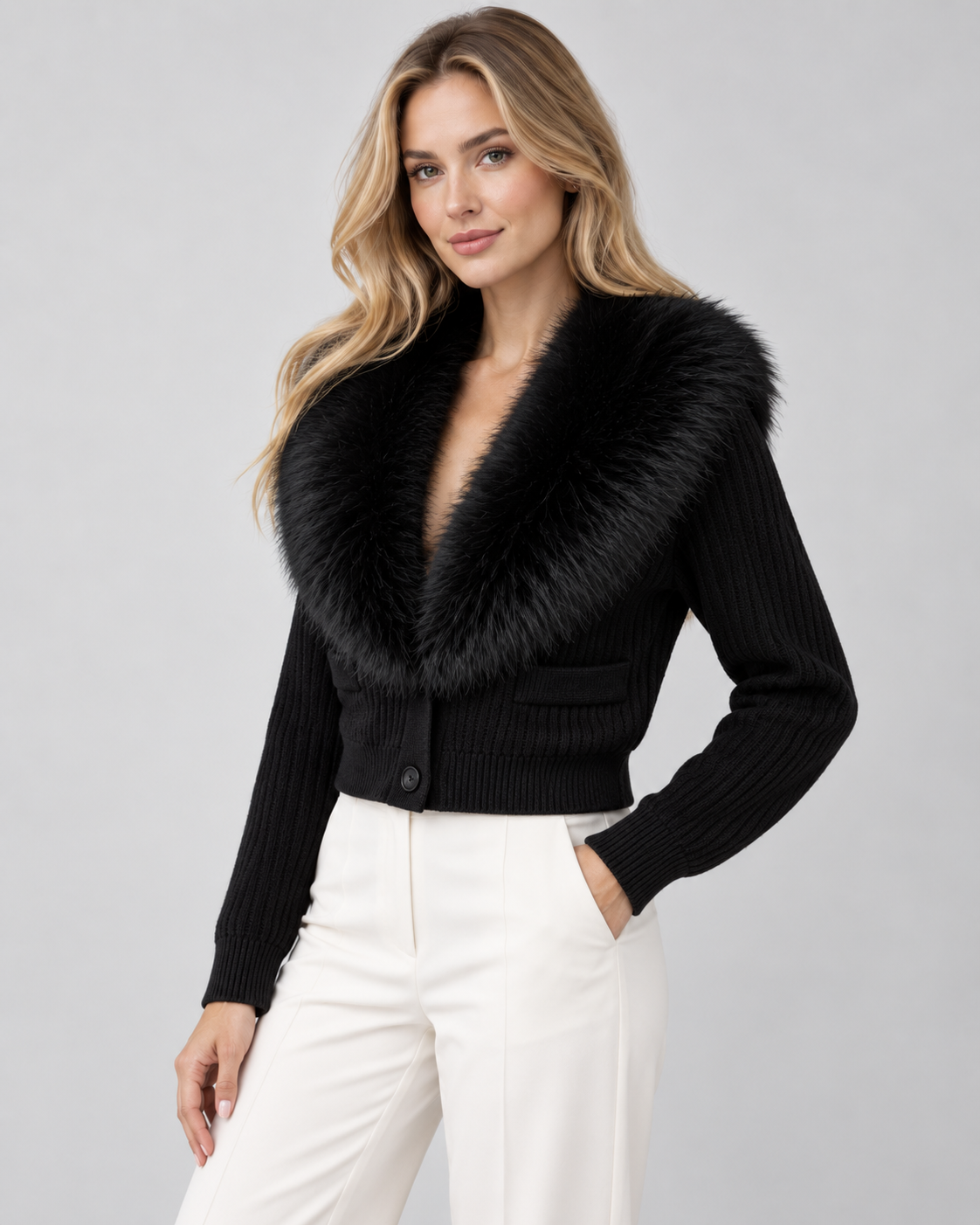Women's Cropped Cardigan - Fur-Look Shawl Collar