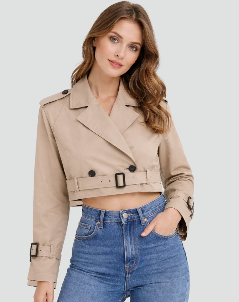 Women's Cropped Double-Breasted Belted Trench Coat