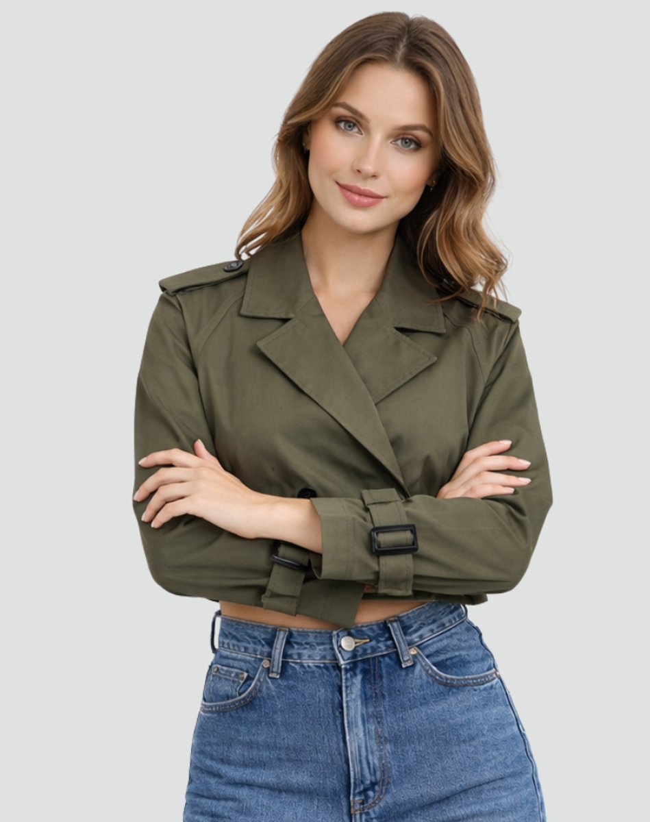 Women's Cropped Double-Breasted Belted Trench Coat