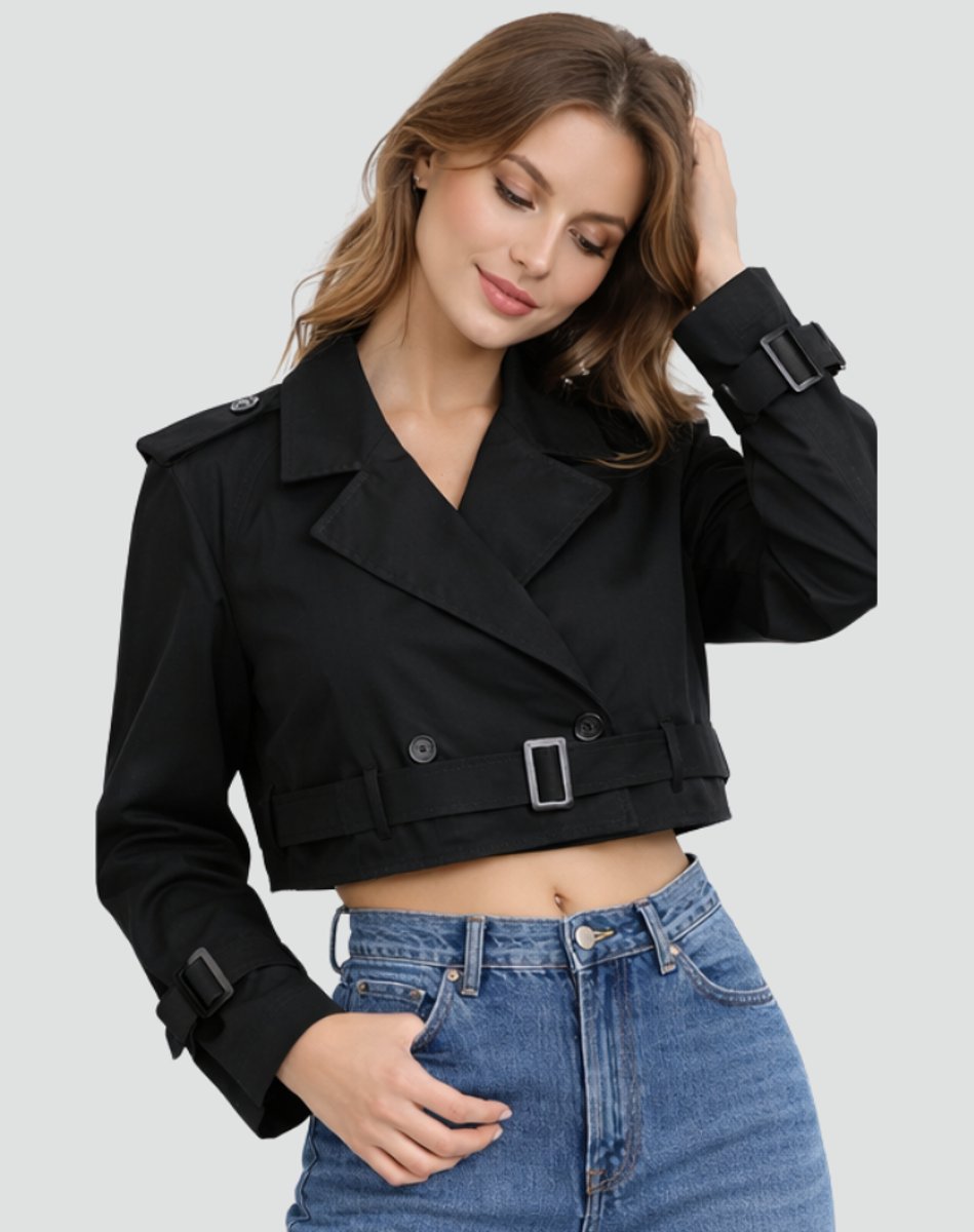 Women's Cropped Double-Breasted Belted Trench Coat