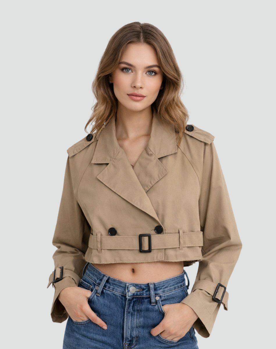 Women's Cropped Double-Breasted Belted Trench Coat