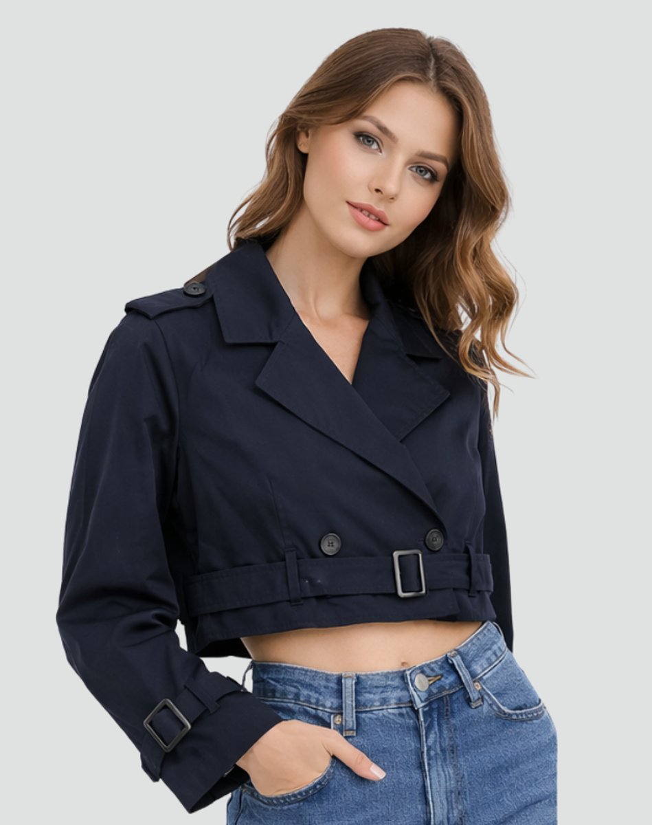 Women's Cropped Double-Breasted Belted Trench Coat