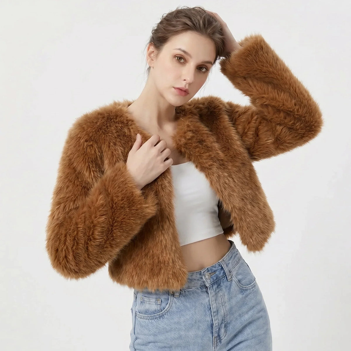 Women's cropped faux fur cardigan jacket