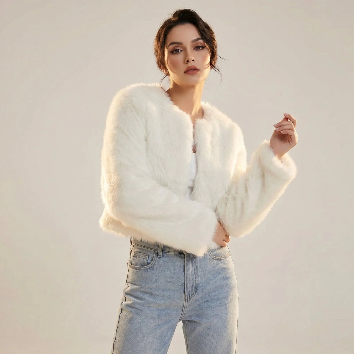 Women's cropped faux fur cardigan jacket