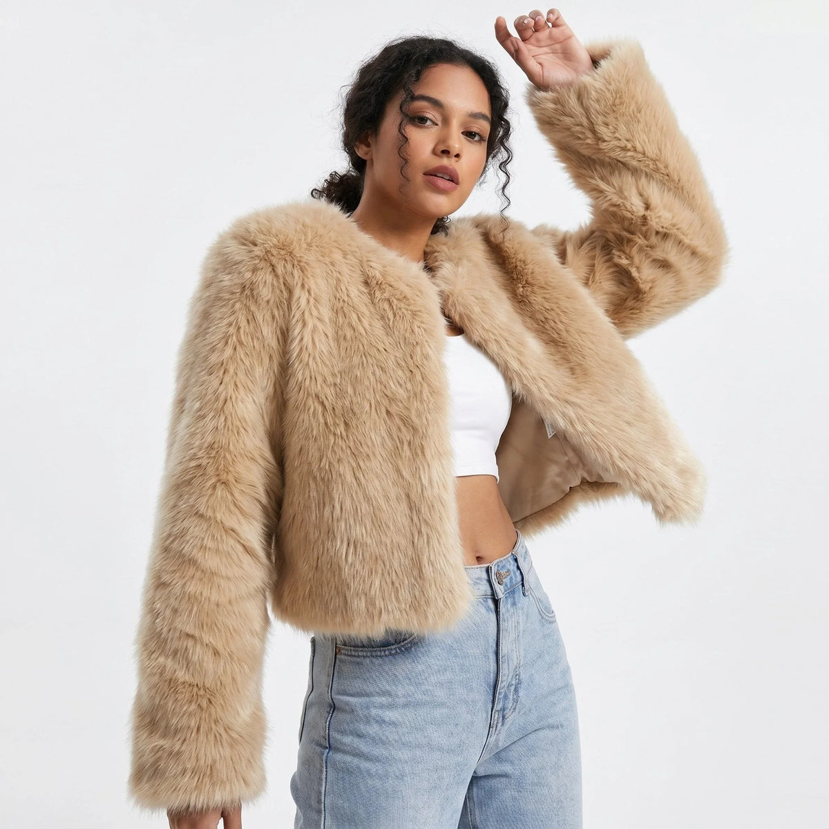 Women's cropped faux fur cardigan jacket