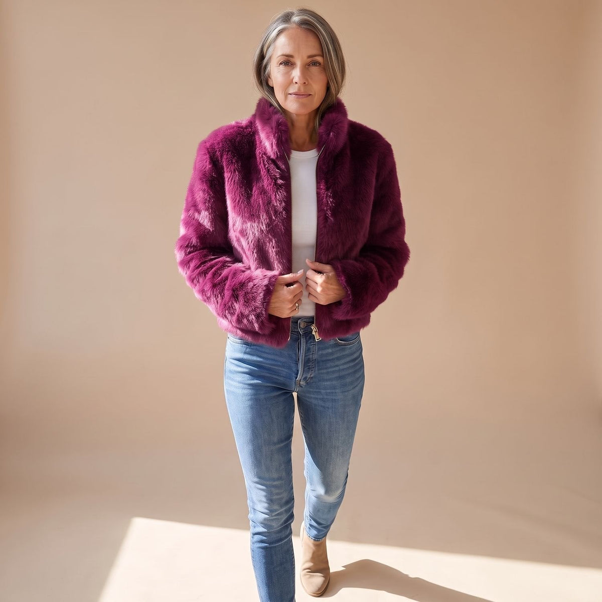 Evelyn | Women's Cropped Faux Fur Coat Zip-Up Fluffy Jacket
