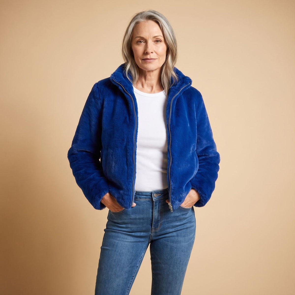 Evelyn | Women's Cropped Faux Fur Coat Zip-Up Fluffy Jacket