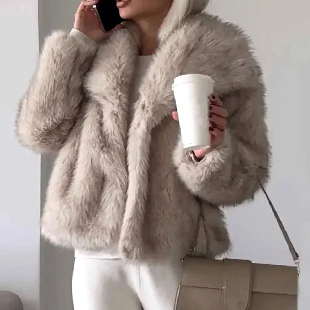 Women's Cropped Open-Front Faux Fur Winter Jacket