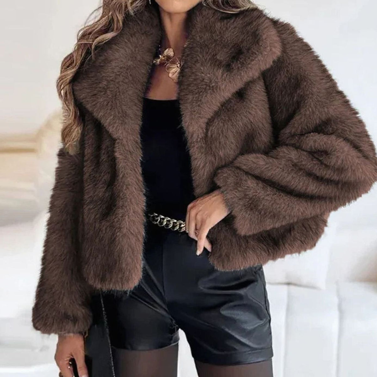 Women's Cropped Open-Front Faux Fur Winter Jacket