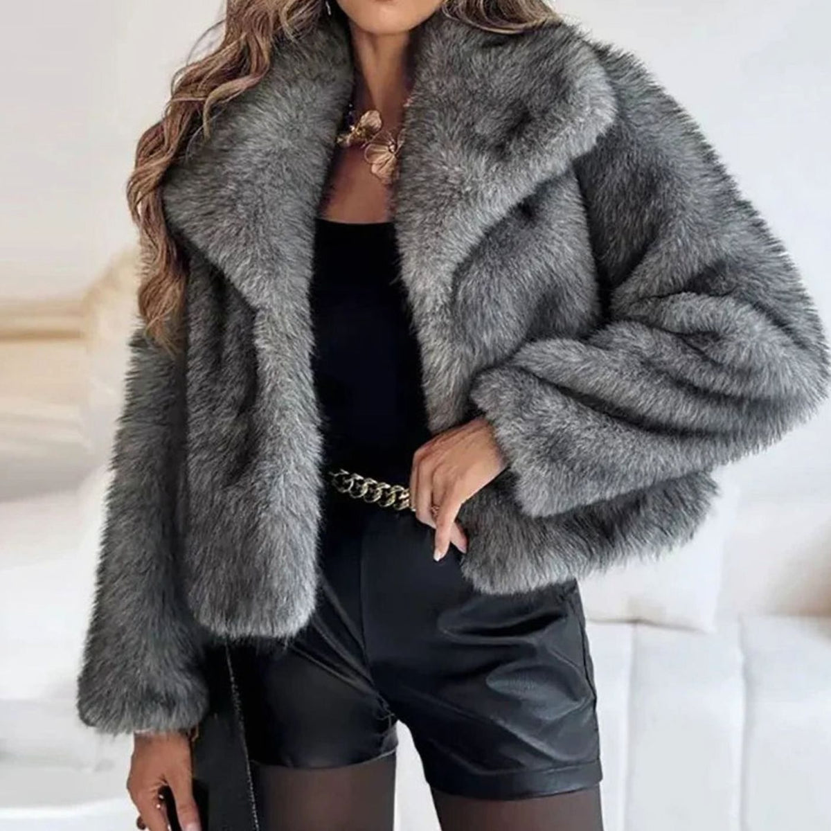 Women's Cropped Open-Front Faux Fur Winter Jacket