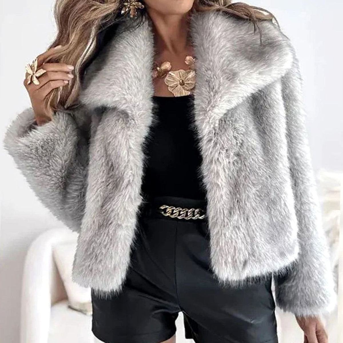 Women's Cropped Open-Front Faux Fur Winter Jacket