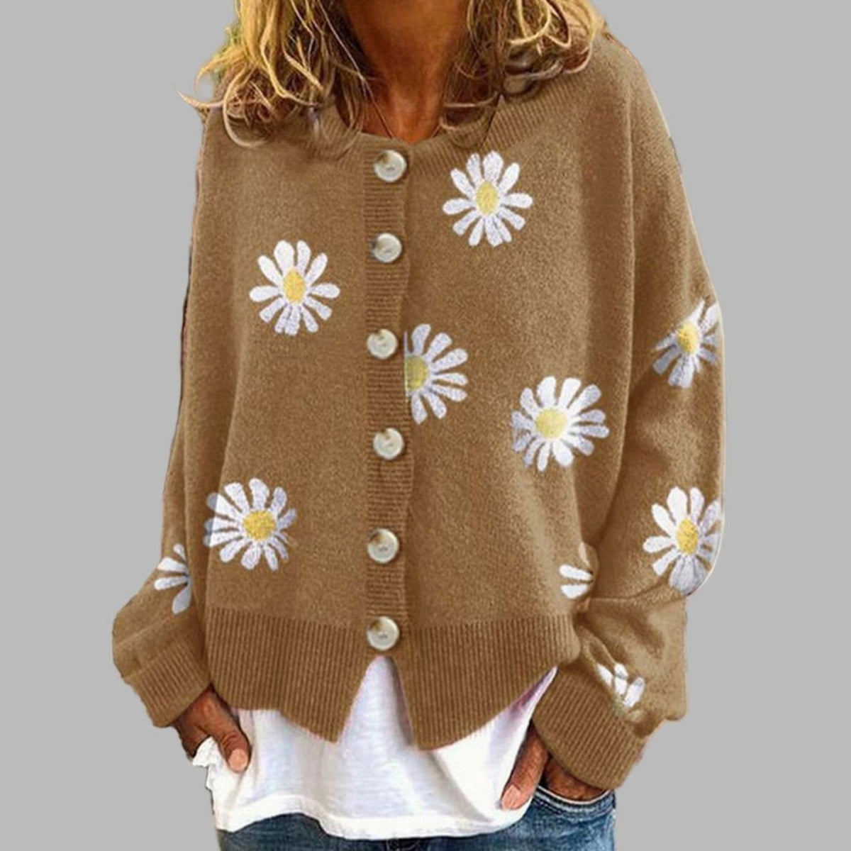 Women's Floral Daisy Cardigan Button Front Crew Neck Knit Sweater