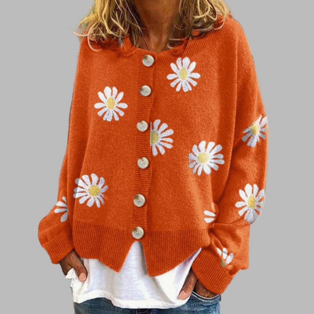 Women's Floral Daisy Cardigan Button Front Crew Neck Knit Sweater