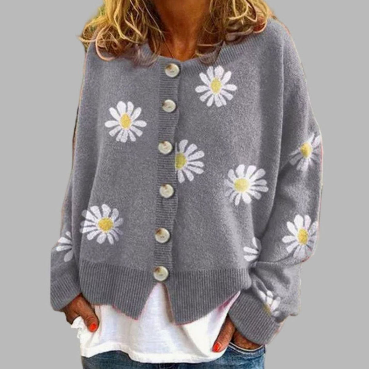 Women's Floral Daisy Cardigan Button Front Crew Neck Knit Sweater
