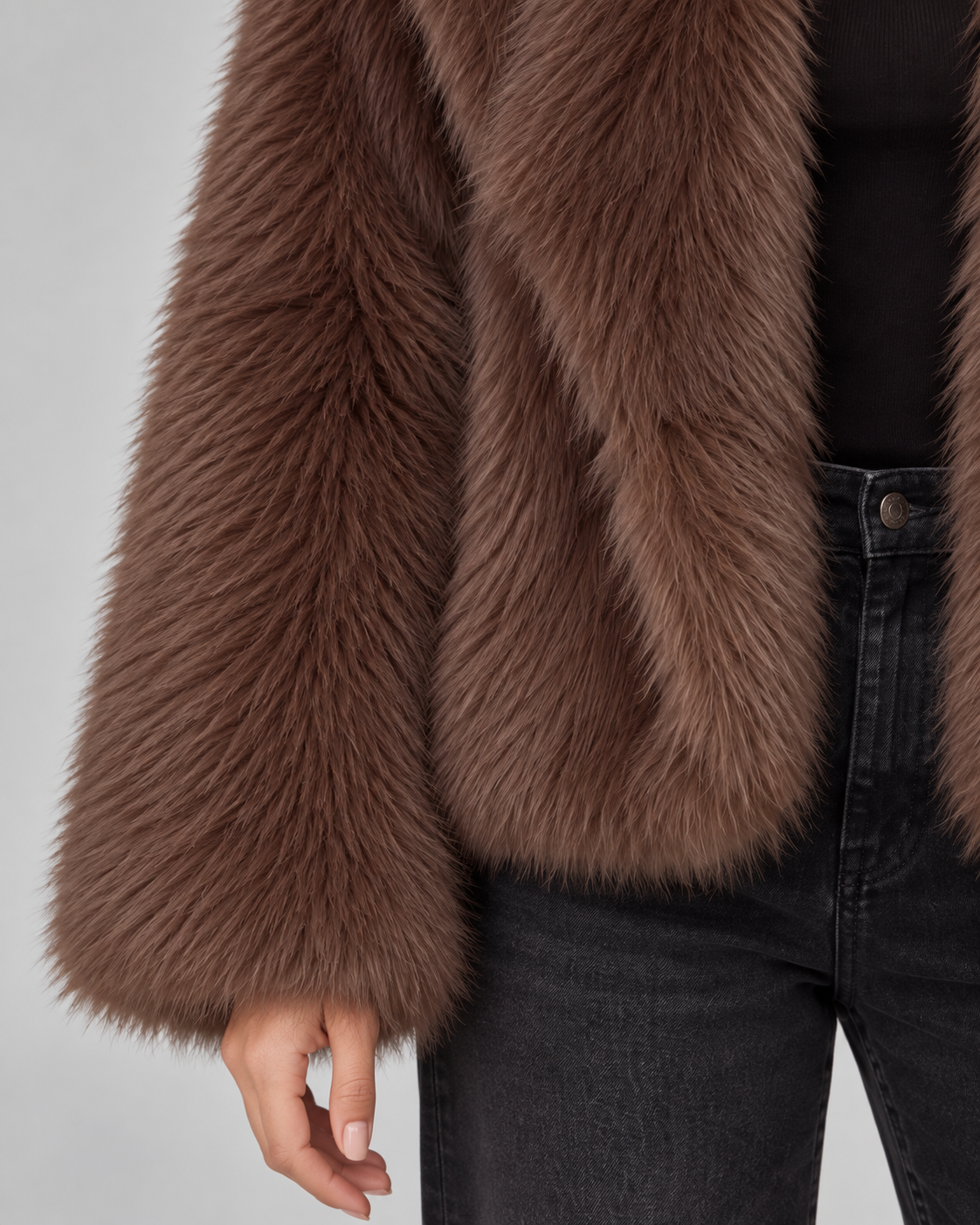 Women's Deep Brown Faux Fur Jacket - Cropped Fit