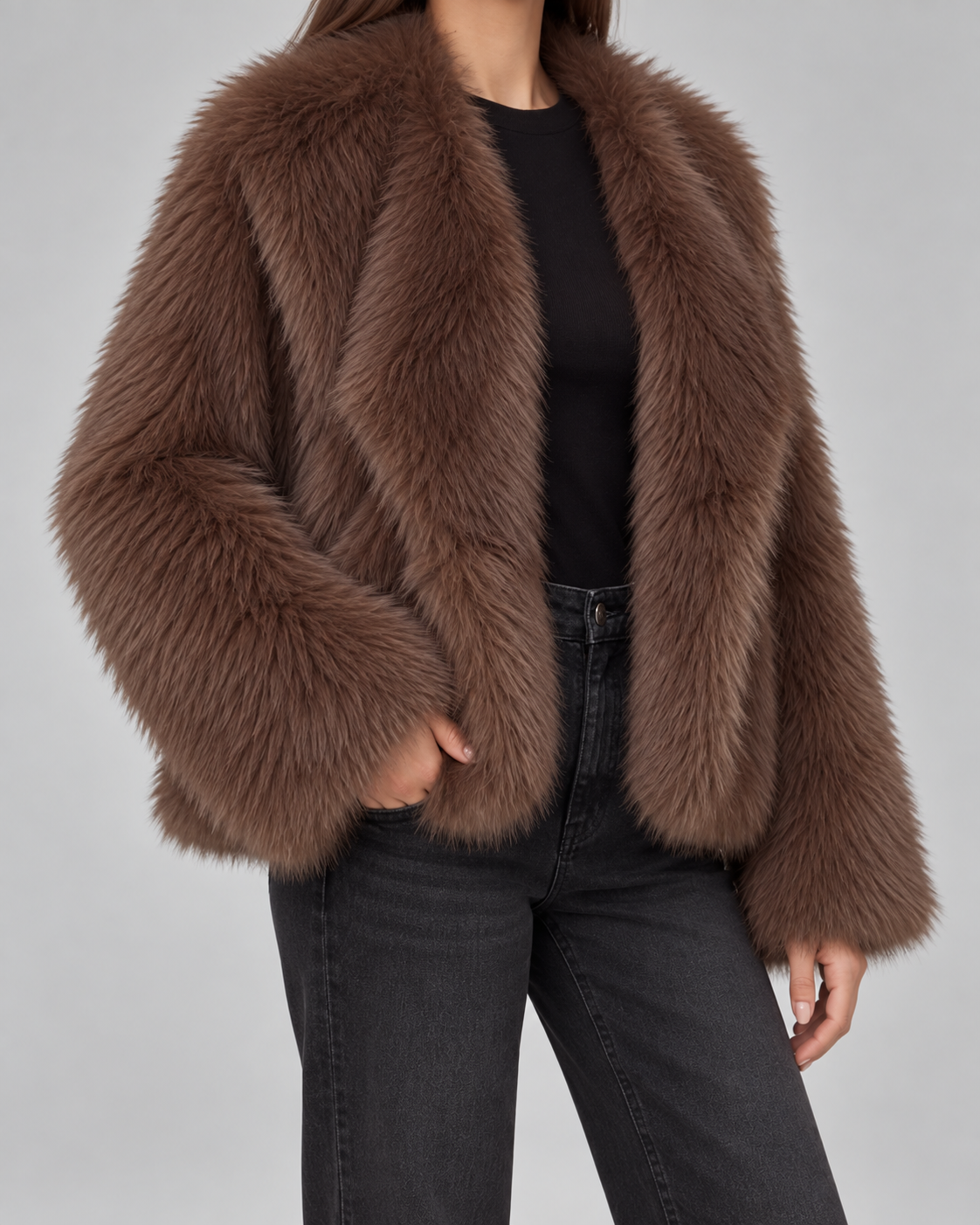 Women's Deep Brown Faux Fur Jacket - Cropped Fit