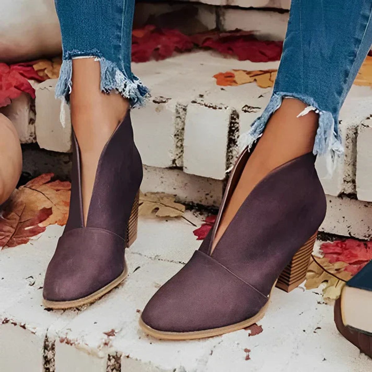 Women's Deep V-Cut Block-Heel Ankle Boots