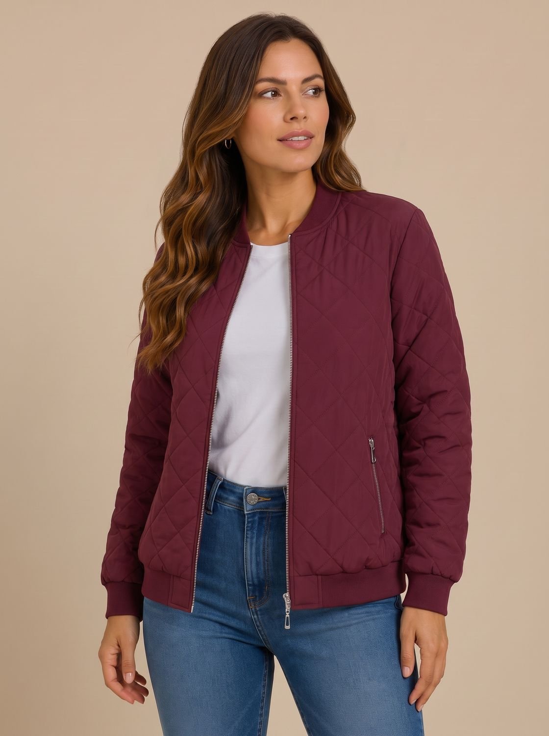 Aria | Women's Diamond Quilted Bomber Jacket with Pockets
