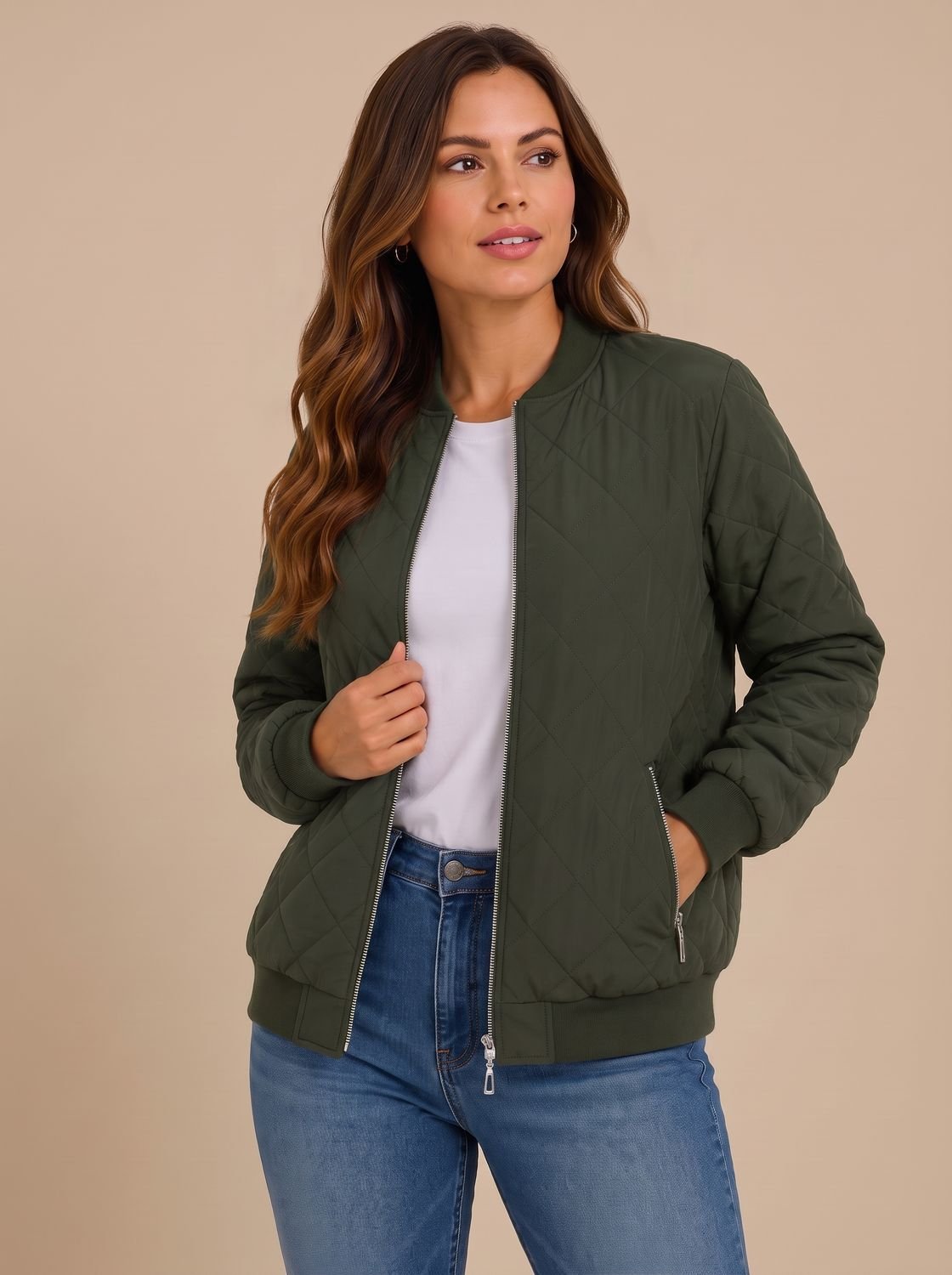 Aria | Women's Diamond Quilted Bomber Jacket with Pockets